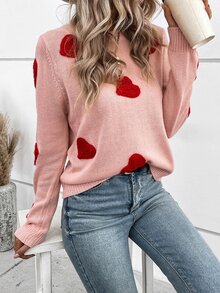 Chiquease Heart Pattern Round Neck Sweater Knit Pullover Fall Winter Outfit - Coral Pink - View 3