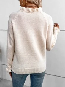 SHEIN LUNE 半排扣荷葉袖套頭毛衣 - 杏色 - 查看 2