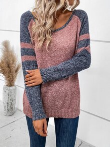 SHEIN LUNE Suéter de punto con mangas raglán de bloques de color para otoño e invierno - Rosa vieja - Ver 3