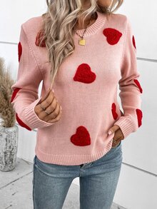 Chiquease Heart Pattern Round Neck Sweater Knit Pullover Fall Winter Outfit - Coral Pink - View 4