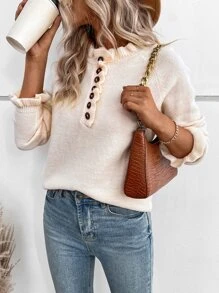 SHEIN LUNE 半排扣荷葉袖套頭毛衣 - 杏色 - 查看 4