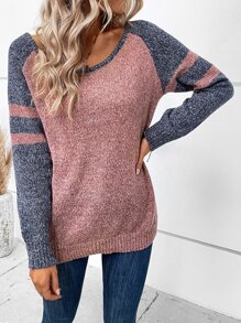 SHEIN LUNE Suéter de punto con mangas raglán de bloques de color para otoño e invierno - Rosa vieja - Ver 4