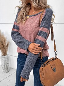 SHEIN LUNE Suéter de punto con mangas raglán de bloques de color para otoño e invierno - Rosa vieja - Ver 5