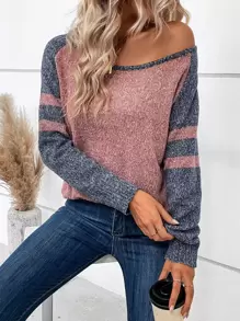SHEIN LUNE Suéter de punto con mangas raglán de bloques de color para otoño e invierno - Rosa vieja - Ver 6