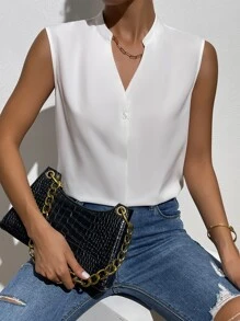 SHEIN Essnce Solid Notched Neck Sleeveless Blouse - White - View 1