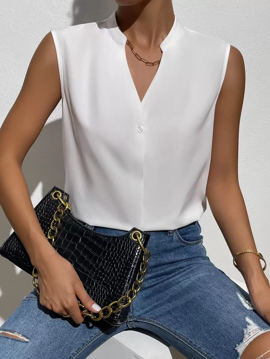 SHEIN Essnce Solid Notched Neck Sleeveless Blouse - White - View 1