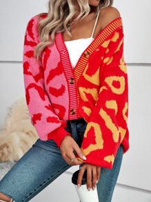 EMERY ROSE Graphic Pattern Colourblock Drop Shoulder Cardigan - Multicolor - View 1