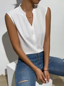 SHEIN Essnce Solid Notched Neck Sleeveless Blouse - White - View 4