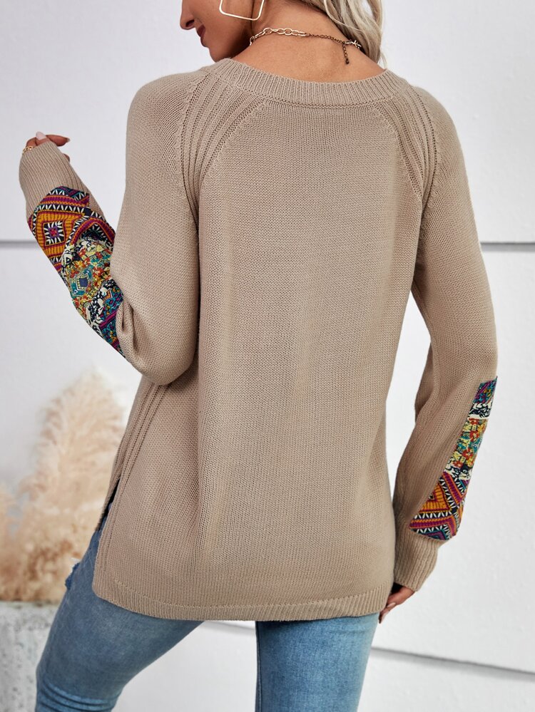 Geo Pattern Raglan Sleeve Sweater Knit Pullover Fall Winter