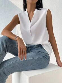 SHEIN Essnce Solid Notched Neck Sleeveless Blouse - White - View 6