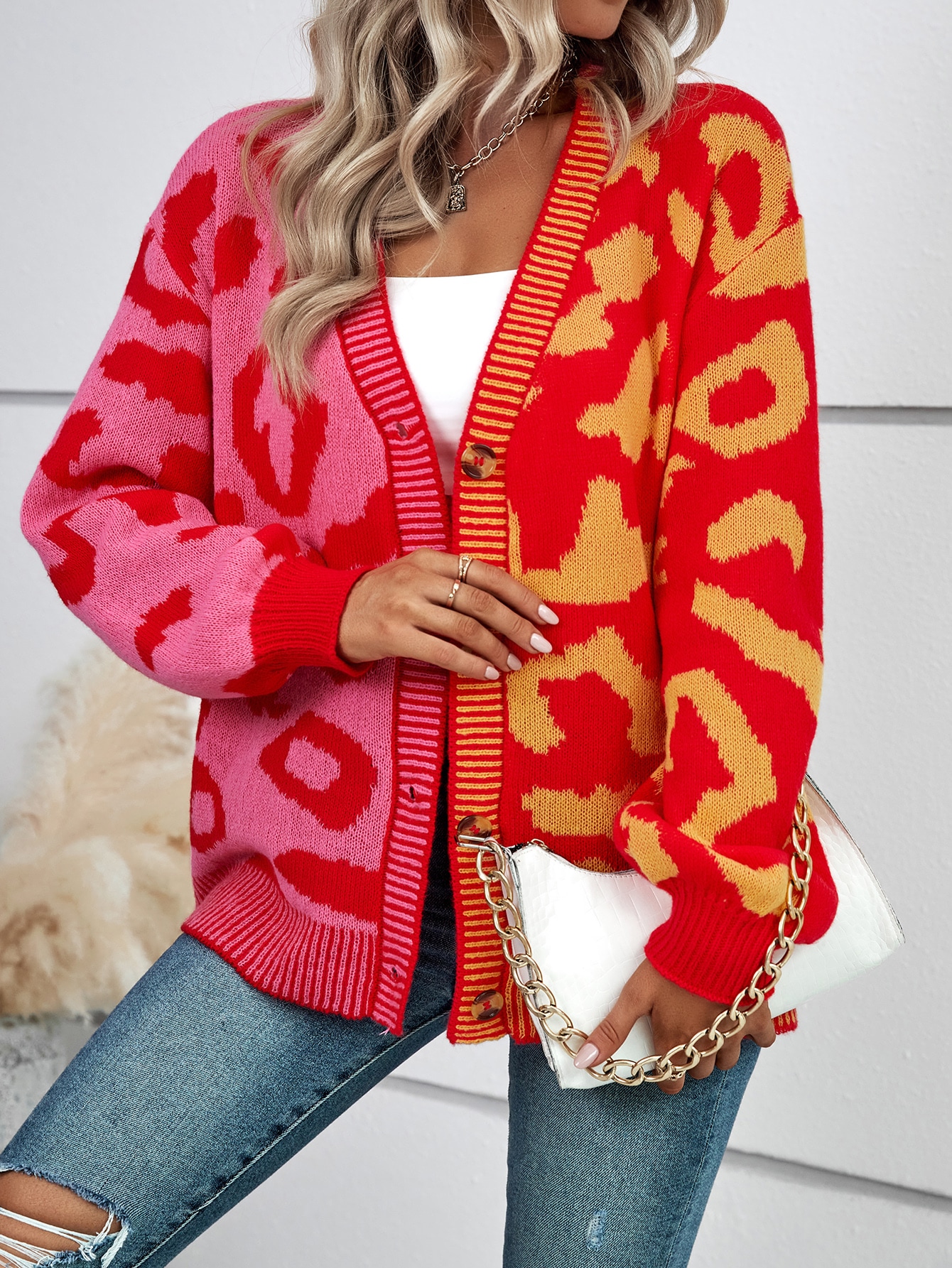 SHEIN LUNE Graphic Pattern Colourblock Drop Shoulder Cardigan SHEIN UK