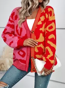 EMERY ROSE Graphic Pattern Colourblock Drop Shoulder Cardigan - Multicolor - View 4