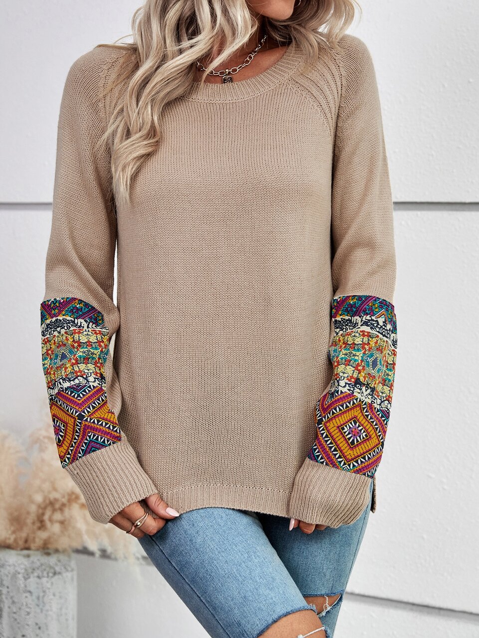 Geo Pattern Raglan Sleeve Sweater Knit Pullover Fall Winter