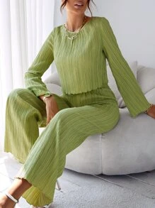 SHEIN Essnce Solid Lettuce Trim Blouse & Wide Leg Trousers - Lime Green - View 1