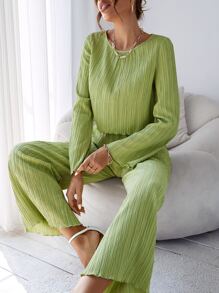 SHEIN Essnce Solid Lettuce Trim Blouse & Wide Leg Trousers - Lime Green - View 3
