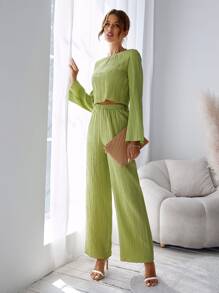SHEIN Essnce Solid Lettuce Trim Blouse & Wide Leg Trousers - Lime Green - View 4