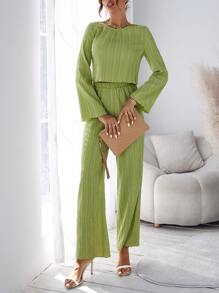 SHEIN Essnce Solid Lettuce Trim Blouse & Wide Leg Trousers - Lime Green - View 5