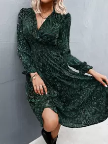 Aveloria 佩斯利印花打褶荷葉袖雪紡洋裝不附腰帶 - 綠色 - 查看 3