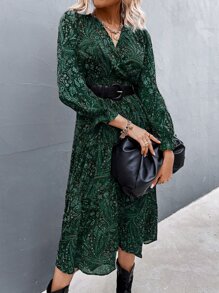 Aveloria 佩斯利印花打褶荷葉袖雪紡洋裝不附腰帶 - 綠色 - 查看 5