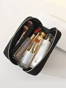 1pc Fashion Simple Corduroy Material With Golden Zipper Large Capacity Portable Hand-Held Makeup Bag, With Compartment For Daily Makeup Tools, Skincare Products, Travel Use Makeup Travel Toiletry Organizer Essentials Gifts Storage Zipper Accessories Nail Bag Room Decors, Makeup Bag, Organizer, Storage, Makeup Organizer, Make Up Bag, Cosmetic Bag, Makeup Bag, Cosmetic Bag, Large Capacity, Large Makeup Bag, Christmas Gifts, Pouch, Gifts Pouch / Small Handbag, Makeup Organizer, Mini Pouch, Large Capacity Pouch, Gifts Christmas Gifts, Gift Ideas For Women - Black - View 5