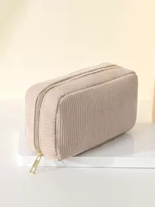 1pc Fashion Minimalist Corduroy Material With Gold Zipper Large Capacity Portable Handheld Multi-Layer Travel Cosmetic Bag For Daily Makeup Tools, Skincare Products Storage Makeup Travel Toiletry Organizer Essentials Gifts Storage Zipper Accessories Nail, Makeup Bags, Cosmetic Bag, Makeup Pouch, Bag, Vanity, Make Up Pouch Bag, Make Up Bags, Bags, Small Makeup Bag, Cosmetic Bag, Christmas Gifts, Pouch, Clutch / Small Handbag, Makeup Organizer, Pouch, Brush Holder, Mini Pouch, Large Capacity Pouch, Gifts Christmas Gifts, Gift Ideas For Women - Beige - View 3