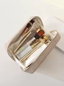 1pc Fashion Minimalist Corduroy Material With Gold Zipper Large Capacity Portable Handheld Multi-Layer Travel Cosmetic Bag For Daily Makeup Tools, Skincare Products Storage Makeup Travel Toiletry Organizer Essentials Gifts Storage Zipper Accessories Nail, Makeup Bags, Cosmetic Bag, Makeup Pouch, Bag, Vanity, Make Up Pouch Bag, Make Up Bags, Bags, Small Makeup Bag, Cosmetic Bag, Christmas Gifts, Pouch, Clutch / Small Handbag, Makeup Organizer, Pouch, Brush Holder, Mini Pouch, Large Capacity Pouch, Gifts Christmas Gifts, Gift Ideas For Women - Beige - View 4