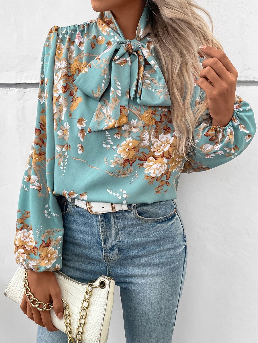SHEIN LUNE Floral Print Tie Neck Lantern Sleeve Blouse - Cadet Blue - View 1