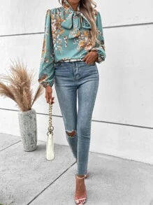 SHEIN LUNE Floral Print Tie Neck Lantern Sleeve Blouse - Cadet Blue - View 4