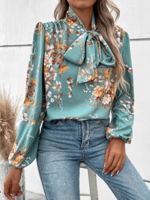SHEIN LUNE Floral Print Tie Neck Lantern Sleeve Blouse - Cadet Blue - View 6