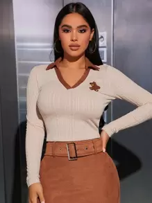 SHEIN PETITE 卡通小熊印花T恤 - 杏色 - 查看 6