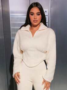 SHEIN PETITE Half Zip Drop Shoulder Teddy Sweatshirt - White - View 1
