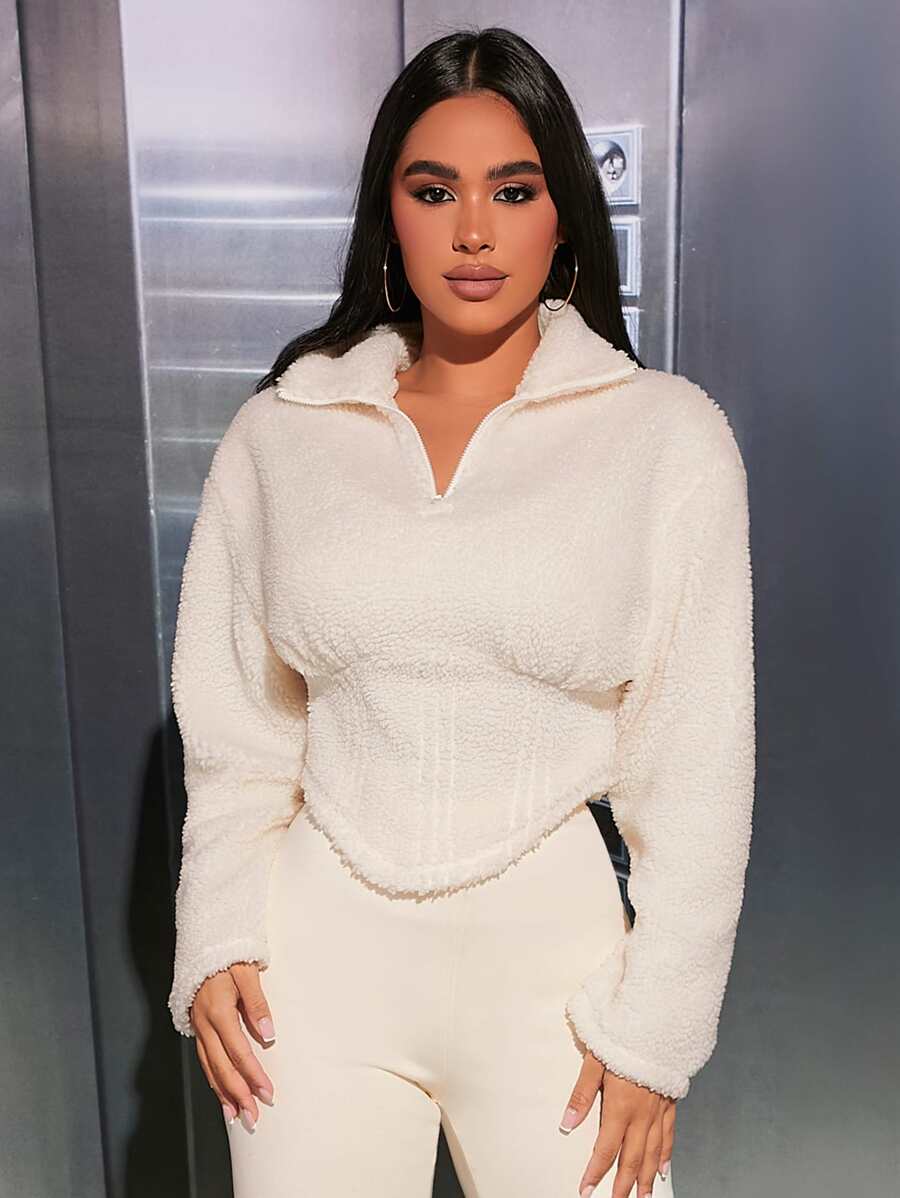 SHEIN PETITE Half Zip Drop Shoulder Teddy Sweatshirt - White - View 1