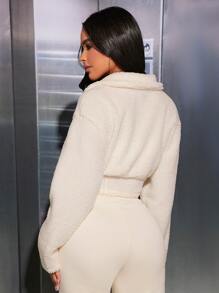 SHEIN PETITE Half Zip Drop Shoulder Teddy Sweatshirt - White - View 2