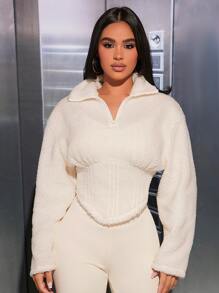 SHEIN PETITE Half Zip Drop Shoulder Teddy Sweatshirt - White - View 4