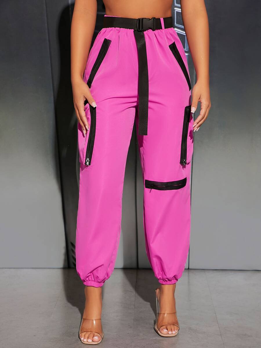 SHEIN PETITE Flap Pocket Side Buckled Belted Cargo Pants - Hot Pink - View 1