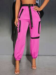 SHEIN PETITE Flap Pocket Side Buckled Belted Cargo Pants - Hot Pink - View 4