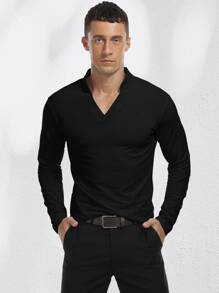 NITAGUT Men Cotton Solid Notch Neck Tee - Black - View 1