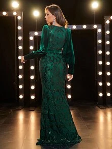 YISIKADO 絲絨燈籠袖魚尾裙下擺亮片舞會連衣裙 - 墨綠色 - 查看 3