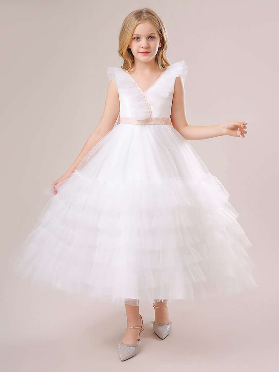 Tween Girl V-Neck Mesh & Satin Bow Back Long Formal Dress, Elegant & Luxurious, Suitable For Parties, Excluding Headband - White - View 1