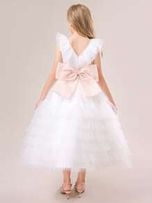Tween Girl V-Neck Mesh & Satin Bow Back Long Formal Dress, Elegant & Luxurious, Suitable For Parties, Excluding Headband - White - View 2