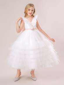 Tween Girl V-Neck Mesh & Satin Bow Back Long Formal Dress, Elegant & Luxurious, Suitable For Parties, Excluding Headband - White - View 3