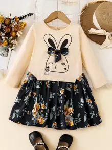 Toddler Girls Rabbit & Floral Print Bow Front 2 In 1 Dress - Multicolor - View 1