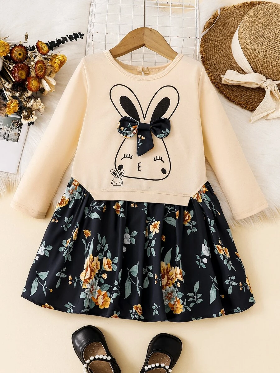 Toddler Girls Rabbit & Floral Print Bow Front 2 In 1 Dress - Multicolor - View 1