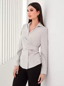 Seusyu Cross Wrap Tie Back Blouse - Light Grey - View 1