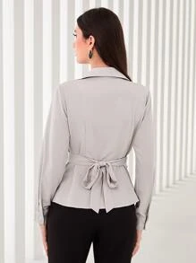 Seusyu Cross Wrap Tie Back Blouse - Light Grey - View 2