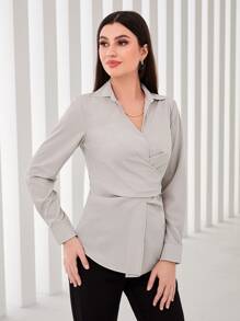 Seusyu Cross Wrap Tie Back Blouse - Light Grey - View 4