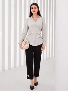 Seusyu Cross Wrap Tie Back Blouse - Light Grey - View 5