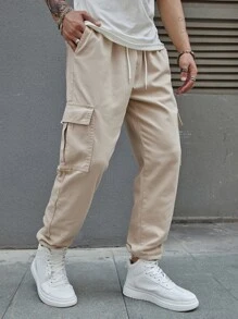 Claim Dot 男士棉質拉鍊口袋抽繩腰帶貨褲直筒洗水深色牛仔褲運動休閒單色卡其色外出街頭穿著男友禮物