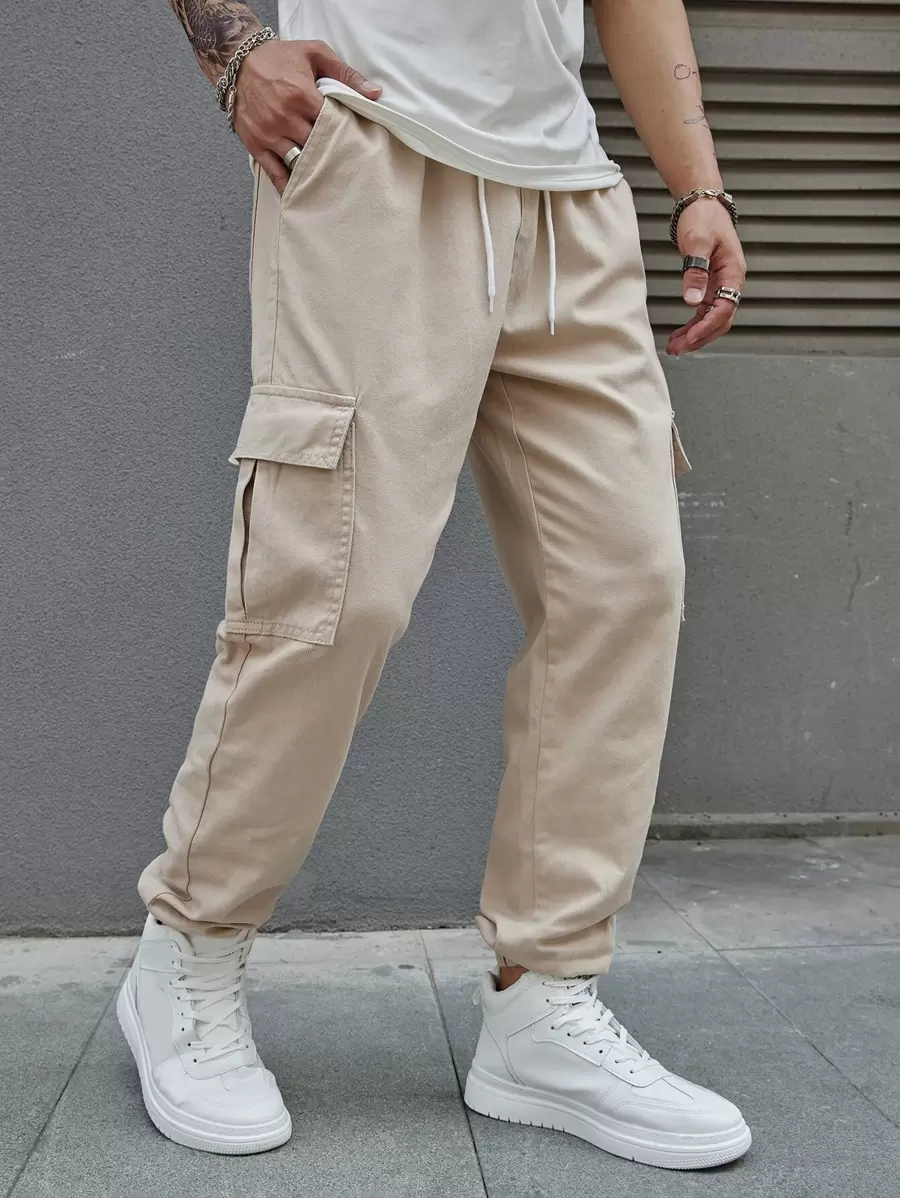 Claim Dot 男士棉質拉鍊口袋抽繩腰帶貨褲直筒洗水深色牛仔褲運動休閒單色卡其色外出街頭穿著男友禮物