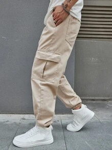 Claim Dot 男士棉質拉鍊口袋抽繩腰帶貨褲直筒洗水深色牛仔褲運動休閒單色卡其色外出街頭穿著男友禮物